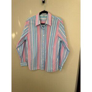 Foxcroft Womens Blue Pink Blouse 14 striped long sleeve button up‎ collar cotton